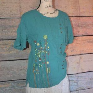 Blue Teal Peasant Blouse Top Flower Child Floral Cotton Blend Hippie Retro M-4X